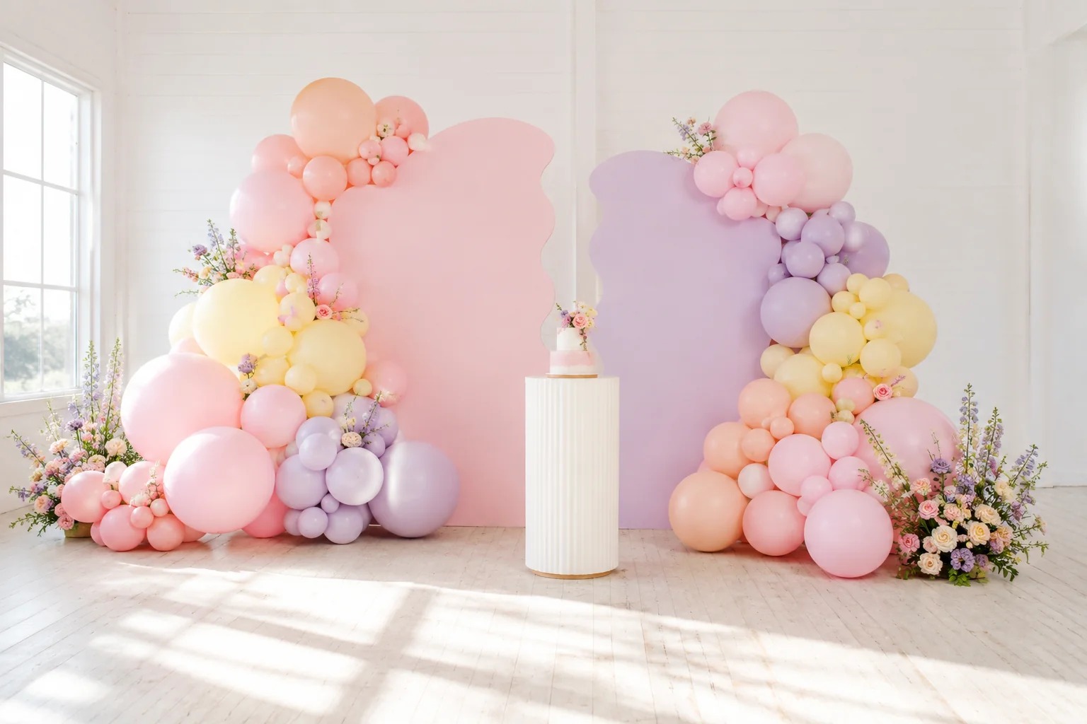 Pastel pink, lavender, peach and yellow balloon decor with wavy backdrops, flowers and a cake pedestal