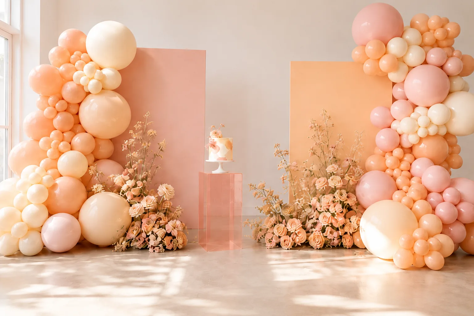 Pastel peach balloon and floral styling concept