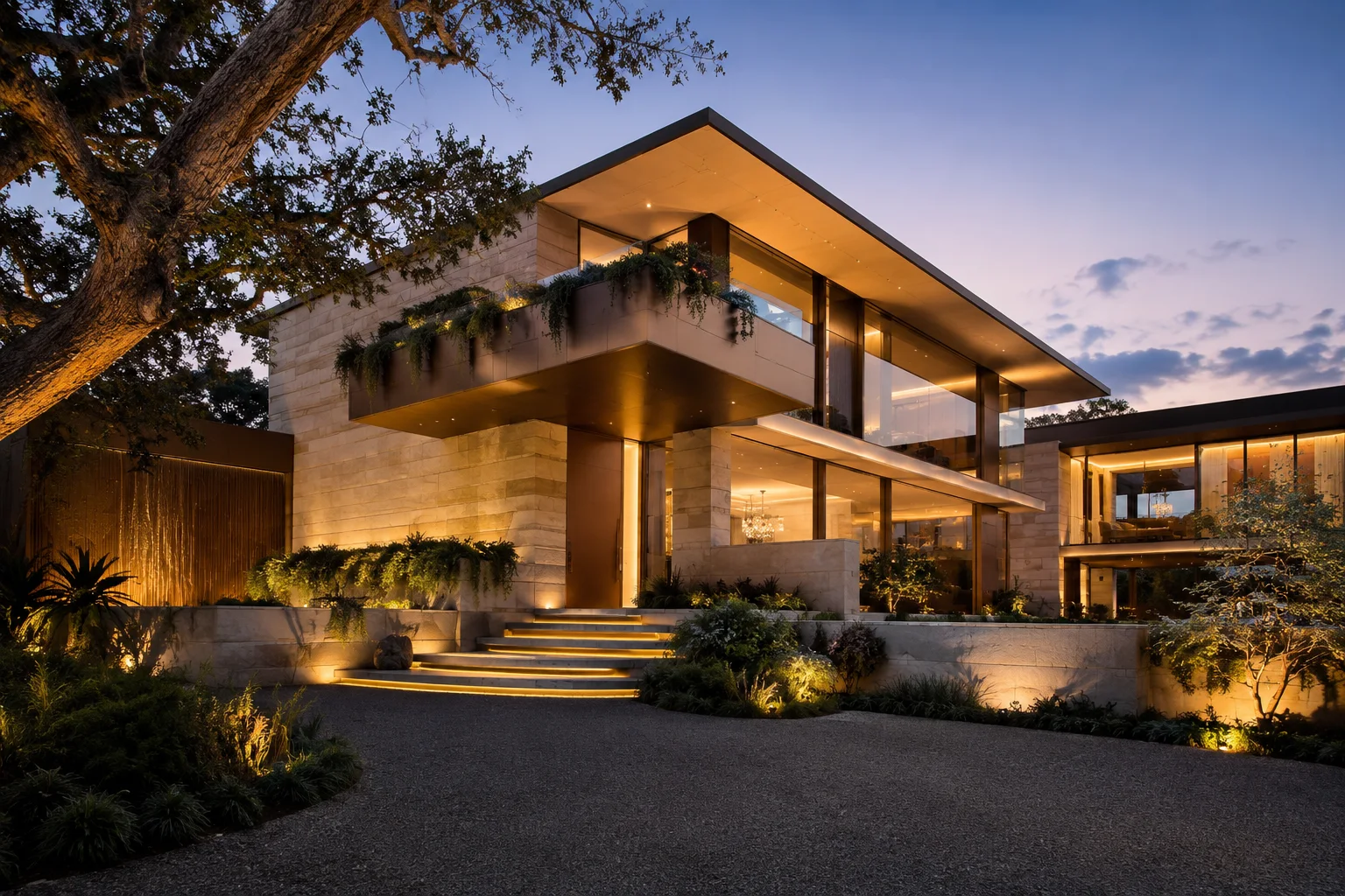 Illustrative contemporary home at dusk